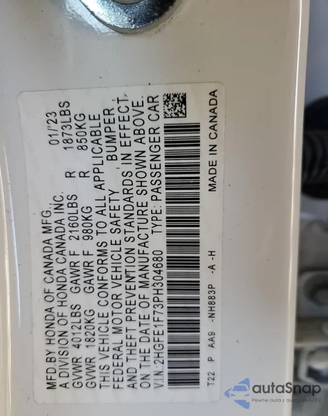 2023 Honda Civic Ex from USA, damaged, VIN 2HGFE1F73PH304680